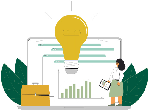 illustration of laptop with a bar graph a light bulb and an advisor